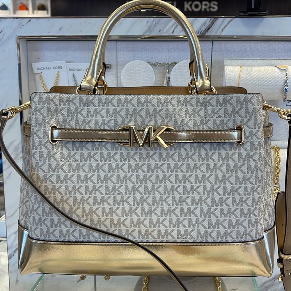 Michael Kors Reed Large Central Zip Graphic Logo Belted Satchel Pale Gold Nwt